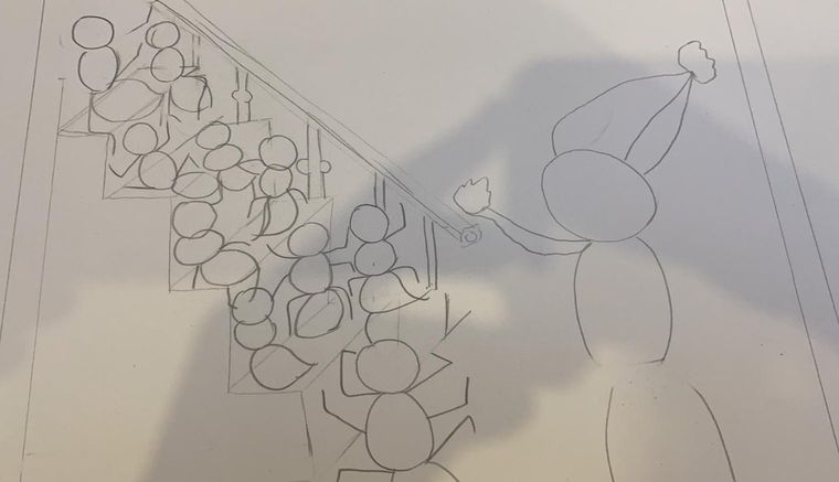 Pencil sketch of the staircase spread