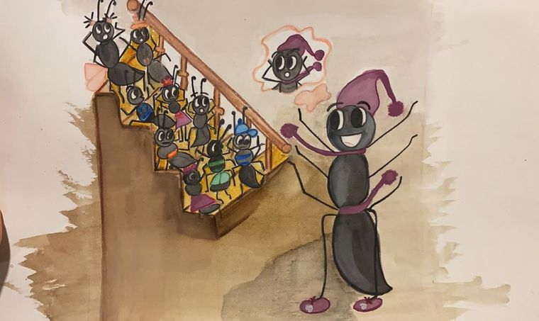 The finished watercolour of the staircase spread
